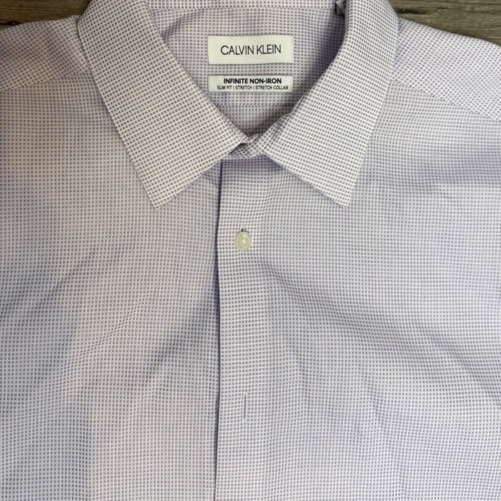Calvin Klein Mens Dress Shirt Purple Plaid SlimFit Non Iron Stretch Collar Large